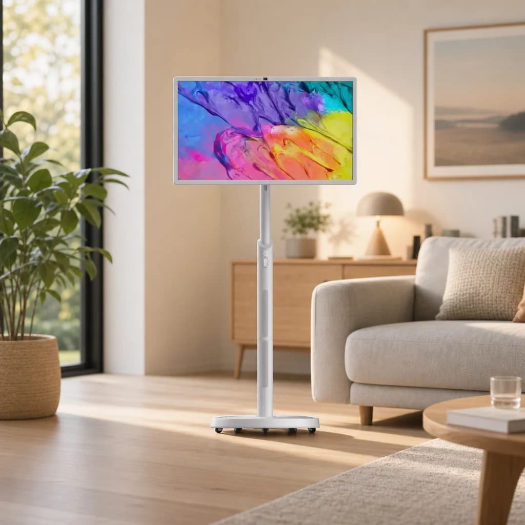 Écran tactile portable 21,5 pouces Android blanc dans un salon moderne et lumineux