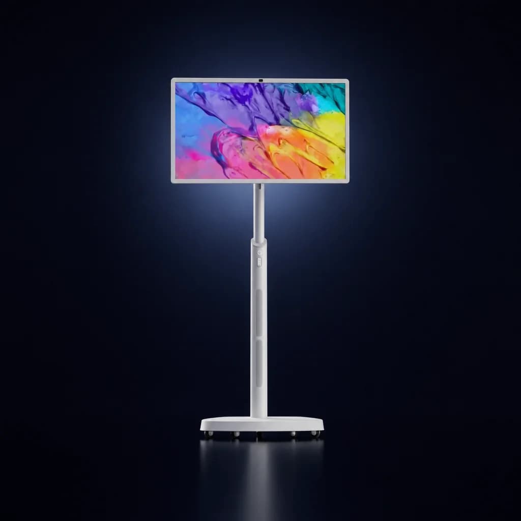 Écran tactile portable 21,5 pouces Android blanc sur pied à roulettes, présenté sur fond sombre avec un halo lumineux discret